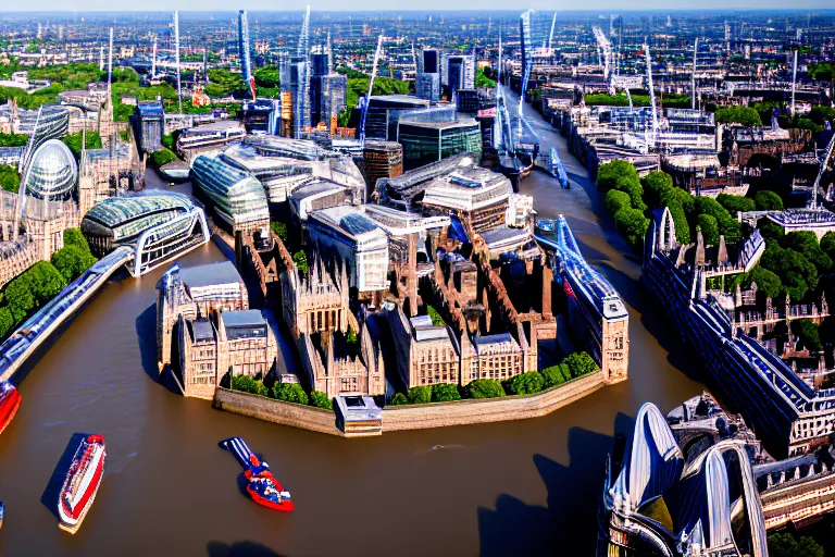 Image similar to an aerial view of a london city with a river running through it, a tilt shift photo by christopher wren, featured on cg society, new objectivity, uhd image, tilt shift, high dynamic range