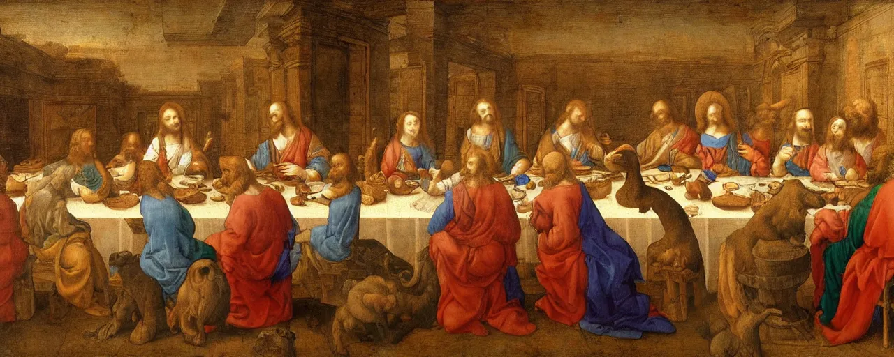 Image similar to A painting in the style of the last supper by Leonardo Da Vinci but with animals instead of people. High detail