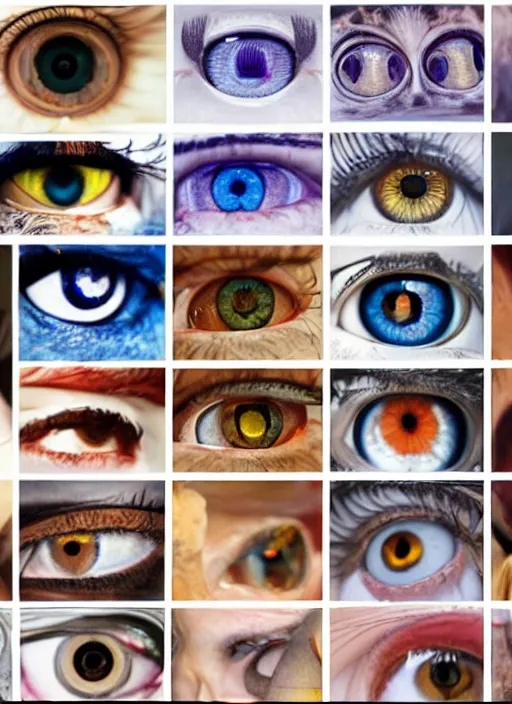 Image similar to diverse eyes!, dot pupils, sperical iris, macro, advanced art, art styles mix, from wikipedia, grid of styles, various eye shapes