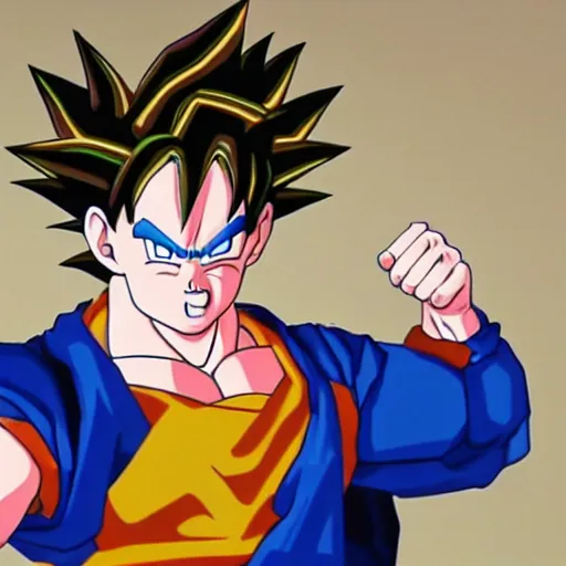 Image similar to hyper realistic goku in a sitcom, screenshot from Seinfeld