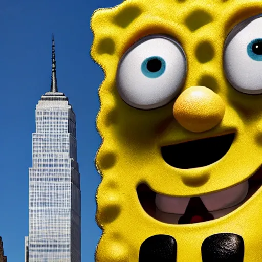 Image similar to giant sized spongebob squarepants destroying the twin towers in new york city