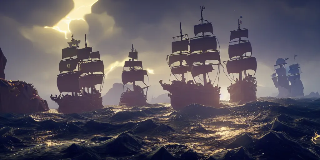 Prompt: sea of thieves screenshot, a chtulhu is visible, storm, unreal engine, digital art