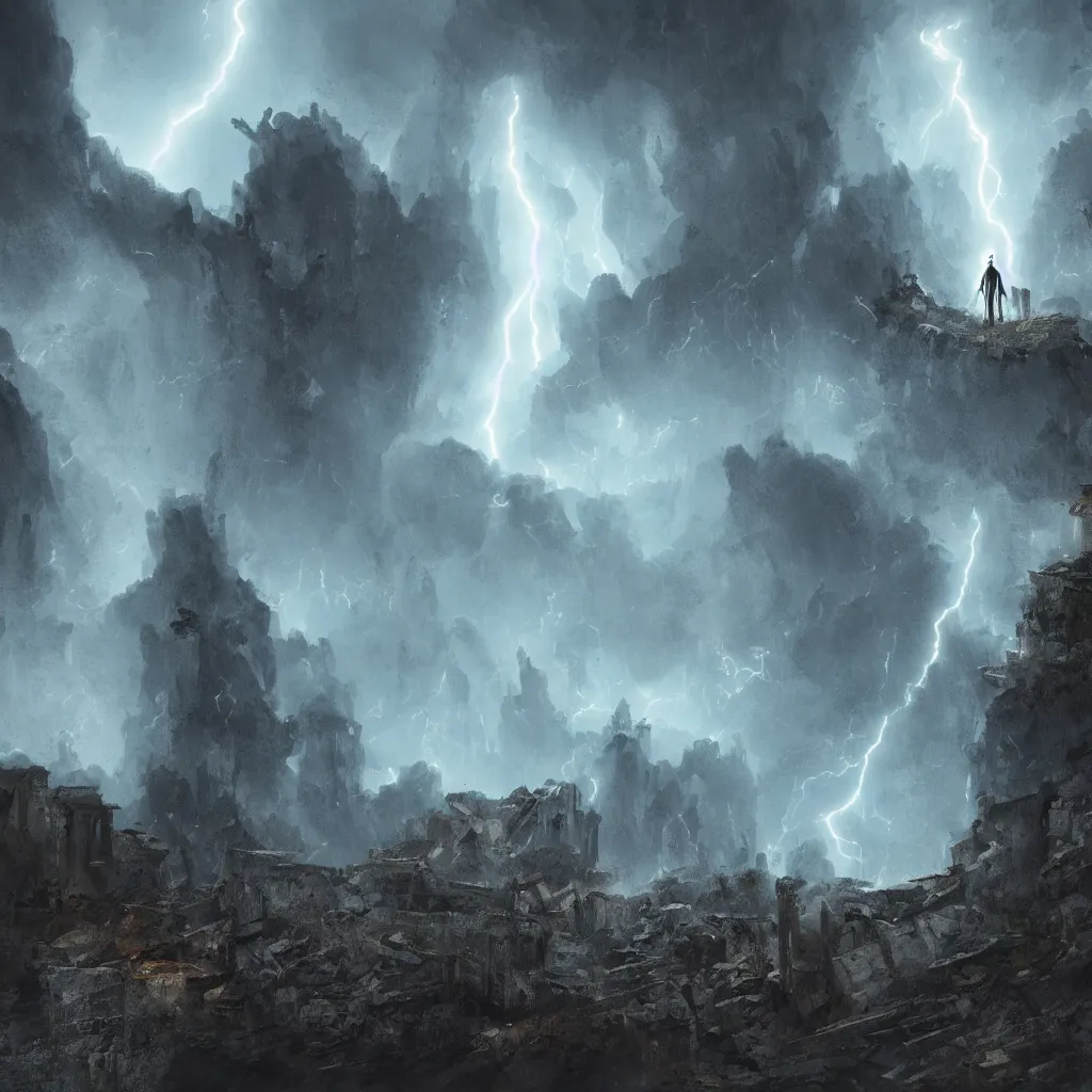 Image similar to a still of a cloaked figure standing in the ruins of crux prime, monastery, there is lightning, blue fiery maelstrom in the distance, it is raining, digital art, artstationhq