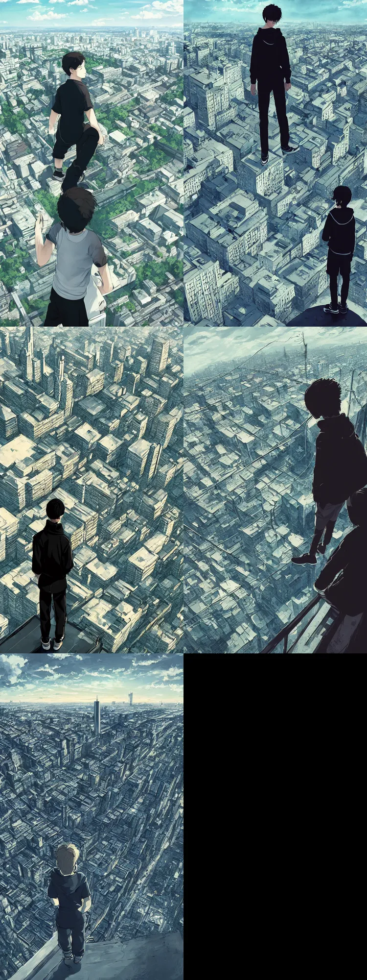 Prompt: Sad gopnik boy in black adidas, view atop of a urban plateau filled with soviet apartment building buildings, overlooking the night city landscape, beautiful clouds, ultra detailed, beautiful lighting, wallpaper, cityscape, 4K, beautiful artwork by Makoto Shinkai