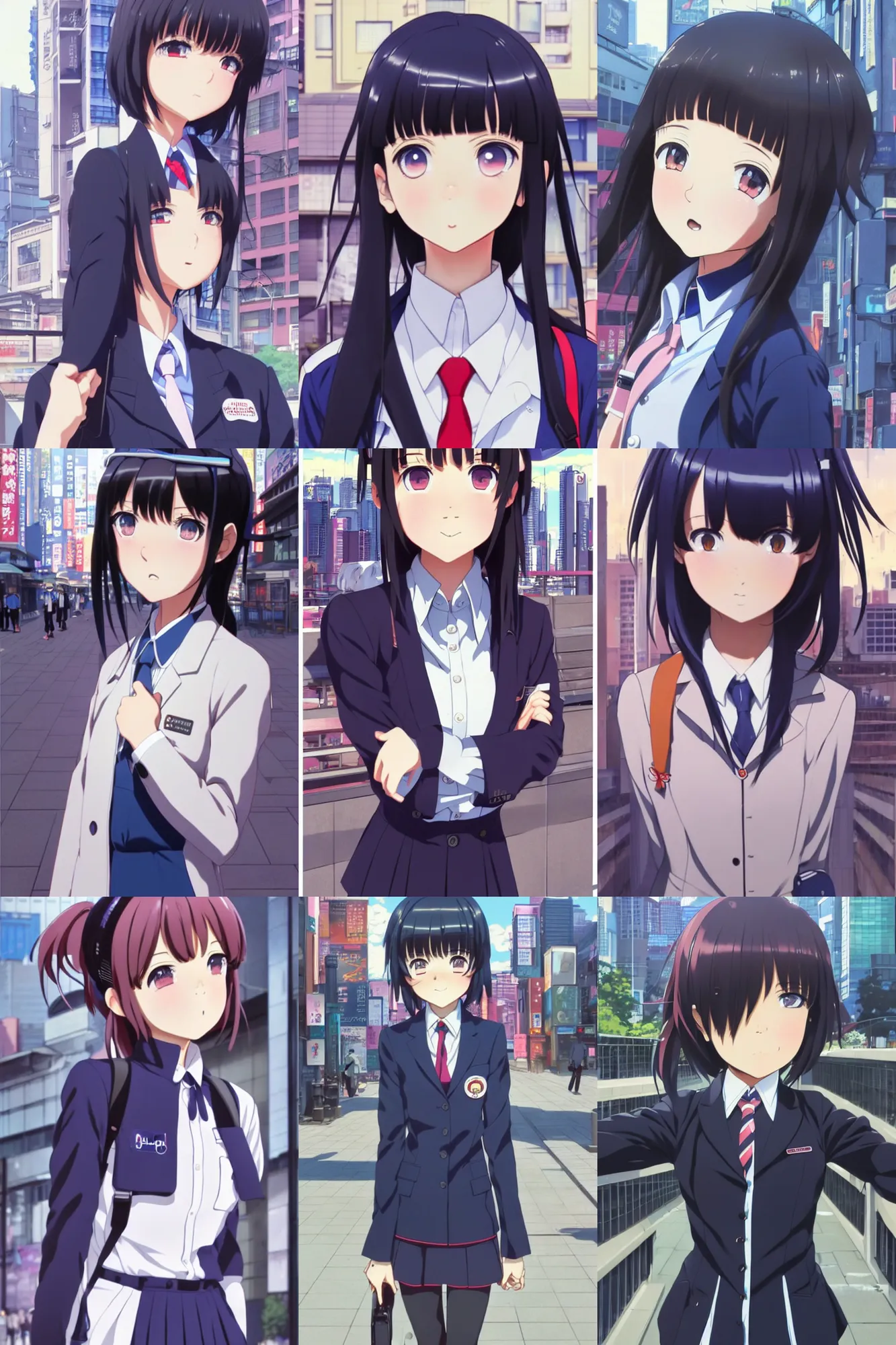 Prompt: a cute girl wearing school uniform standing in the city | | very very anime!!! good looking face!! realistic shaded perfect face, fine details, anime, realistic shaded lighting poster by ilya kuvshinov katsuhiro otomo ghost - in - the - shell, magali villeneuve, artgerm, jeremy lipkin and michael garmash and rob reyt