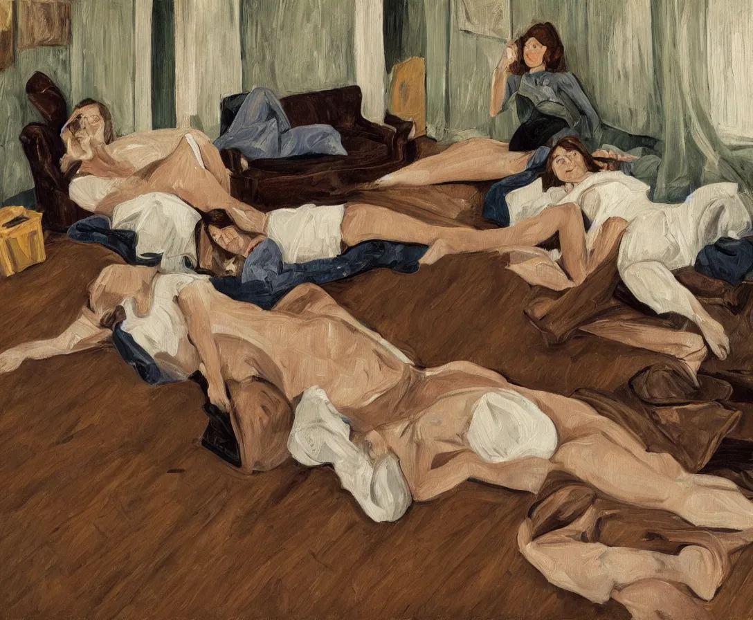 Image similar to portrait of two women lying horizontal, in an empty old english apartment with wooden floor on a brown leather sofa. one is wearing a dark blue sweather, the other a white shirt. brown hair, they are looking into the camera. wide shot. in the style of lucien freud. oil painting. green mood. isometric perspective