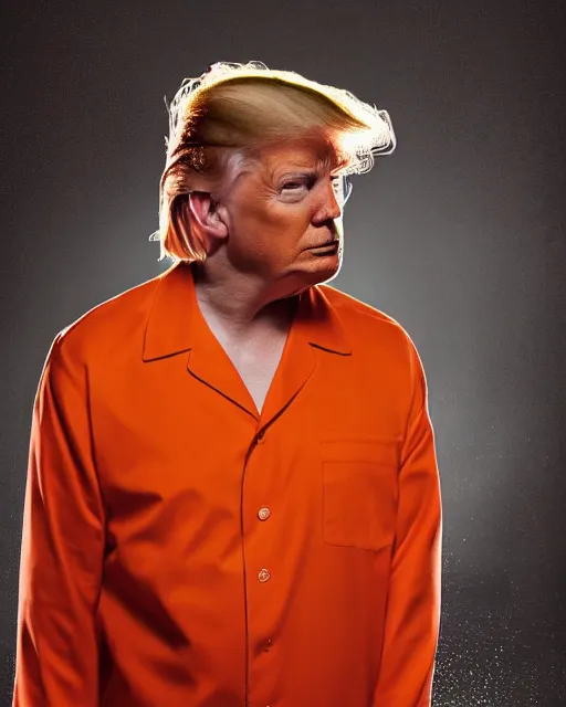 Image similar to Medium Shot Donald Trumps wearing orange pajamas in jail, american eagle biting his head, octane, dramatic lighting, editorial photo, 35mm, very detailed