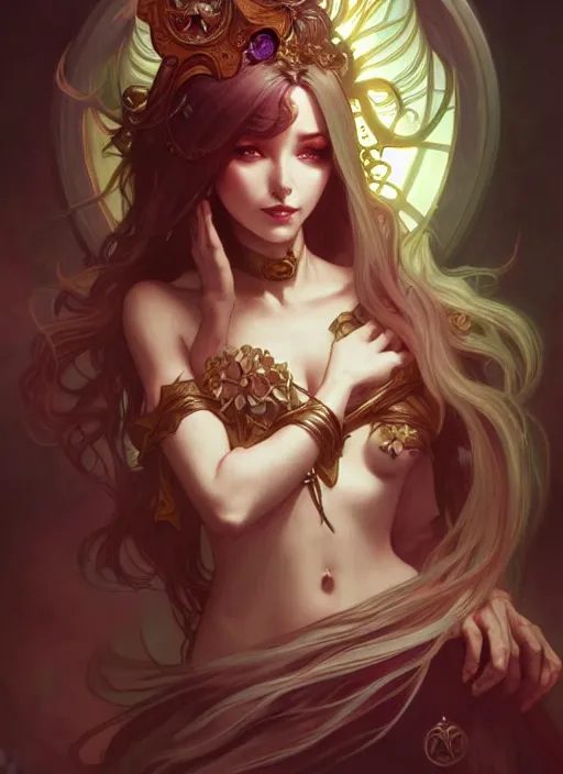 Image similar to summoner with a cute death elemental, fantasy, intricate, elegant, highly detailed, digital painting, artstation, concept art, wallpaper, smooth, sharp focus, illustration, art by artgerm and alphonse mucha