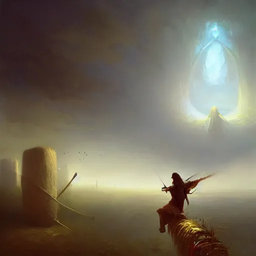 Image similar to ezio standing on a house falling into the hay bale made by ivan aivazovsky, peter mohrbacher, greg rutkowski volumetric light effect broad light oil painting painting fantasy art style sci - fi art style realism premium prints available artwork unreal engine