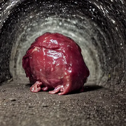 Image similar to glistening wet meaty minion crawling on its knees through a small tunnel, looking up towards the camera, horrifying atmosphere, cave photograph