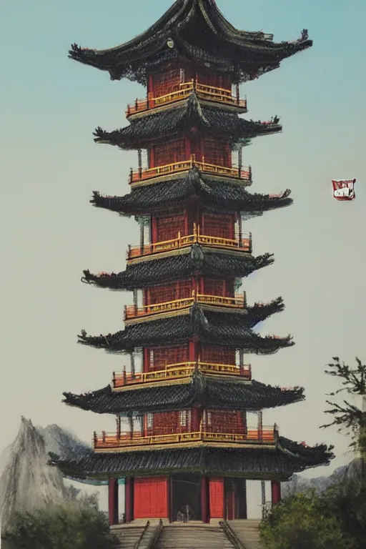 Image similar to A painting of the traditional Chinese tower