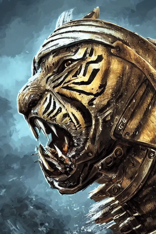 Image similar to portrait of a armored tiger knight. hyper realistic digital art. intricate. high detail.