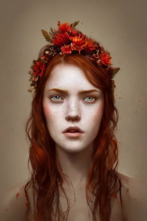 Prompt: Ethereal portrait of a beautiful red haired girl with freckles, wearing a flower headpiece, porcelain skin, cinematic lighting, photo realistic, highly detailed, maya, digital painting, artstation, concept art, sharp focus, illustration, by greg rutkowski