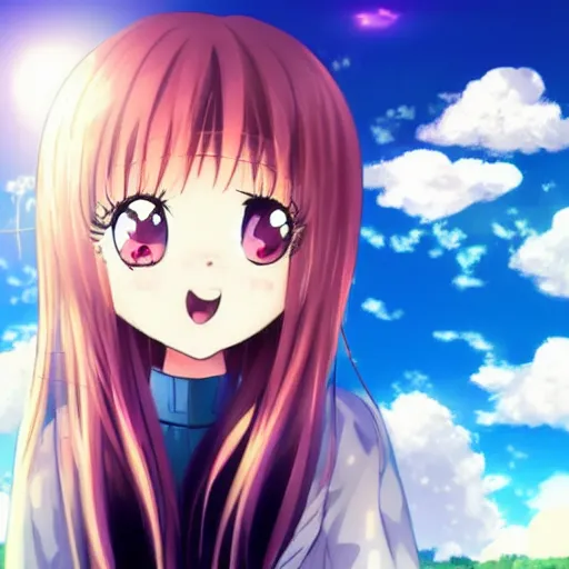 Image similar to cute anime girl looking in the sky surrounded by clouds