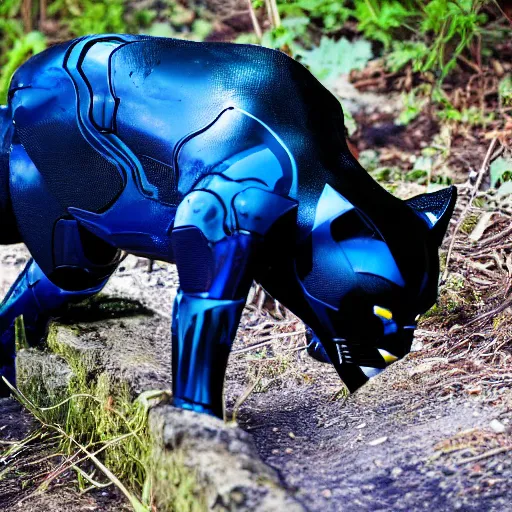 Image similar to nature photography picture of blue and black panther. blood drips from its mouth. a robot lays in a ditch in the background.