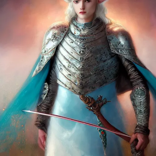 Prompt: half length portrait of a handsome snow elf in a turquoise cape and silver armour, armed with bow and arrow, albino skin, winter vibes, elegant, very coherent symmetrical artwork, atmospheric lighting, rule of thirds, royo, klimt, miro, vallejo, frazetta, alphonse mucha, greg rutkowski, sharp focus, trending on artstation