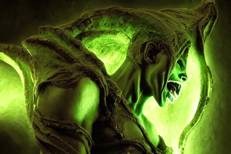 Image similar to vfx film, soul reaver, raziel irl, price of persia movie, missing jaw, hero pose, devouring magic souls, glowing green soul blade, in epic ancient sacred huge cave temple, flat color profile low - key lighting award winning photography arri alexa cinematography, hyper real photorealistic cinematic beautiful, atmospheric cool colorgrade