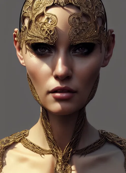 Image similar to a portrait of female in wearable sculpture art, intricate details, elegant, highly detailed, digital photography, artstation, glamor pose, concept art, smooth, sharp focus, art by artgerm and greg rutkowski, 3 d character, film, photorealistic, unreal engine