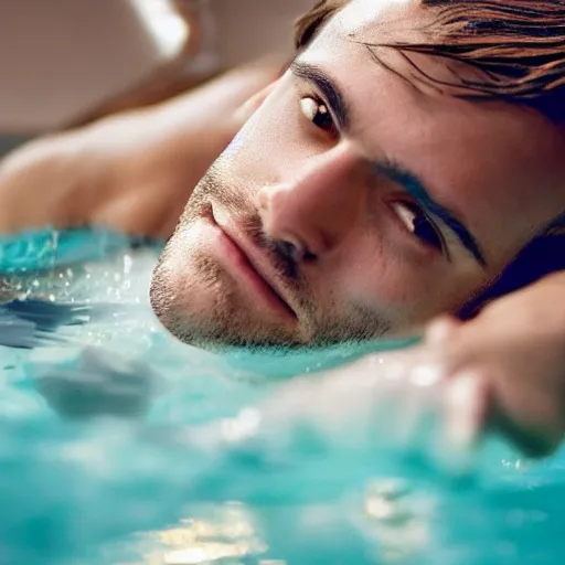 Image similar to pewdiepie lounging in a luxurious pool, detailed, cinematic lighting