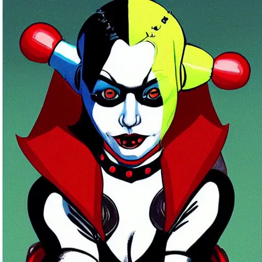 Image similar to Harley Quinn, artwork by Jamie Hewlett,