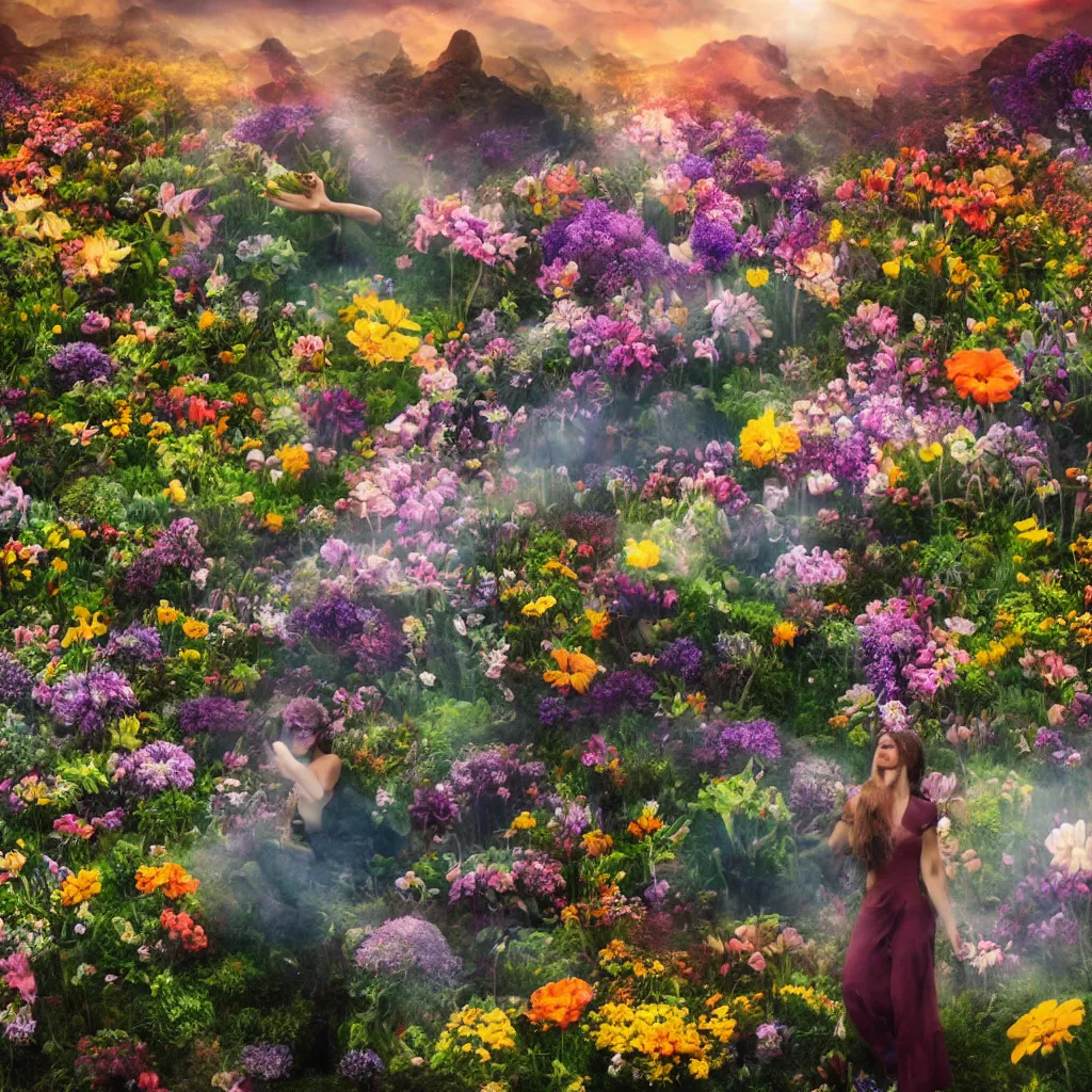 Image similar to a planet of various flowers, fungus and plants, in which the human figure is dressed in something magical and impressive, inside the picture is infinity, sunset light, Atmospheric phenomenon, artistic photography, muted colors, conceptual, long exposure outside the city