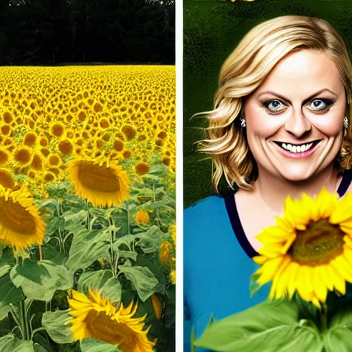 Prompt: a mural of Amy poehler as Leslie knope in a meadow of beautiful sunflowers —width 480 —height 270