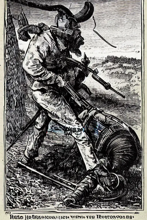 Image similar to 19th century wood-engraving of a British man hunting a mammoth with a flintlock rifle, whole page illustration from Jules Verne book, art by Édouard Riou Jules Férat and Henri de Montaut, high quality, beautiful, removed watermarks