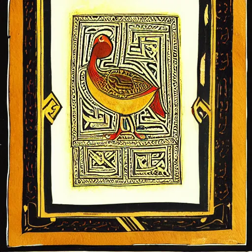 Prompt: book of kells, illustration of a duck, ink and dye on calfskin vellum