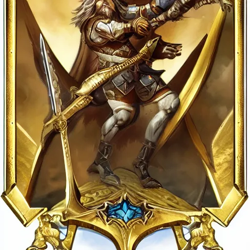 Image similar to a human king holding a golden sword and a golden shield riding a griffin, fantasy card game art