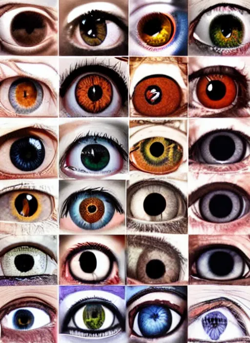 Image similar to diverse human eyes!, dot pupils, round pupil, happy smiling human eyes, round iris, advanced art, art styles mix, from wikipedia, various eye shapes, eye relections