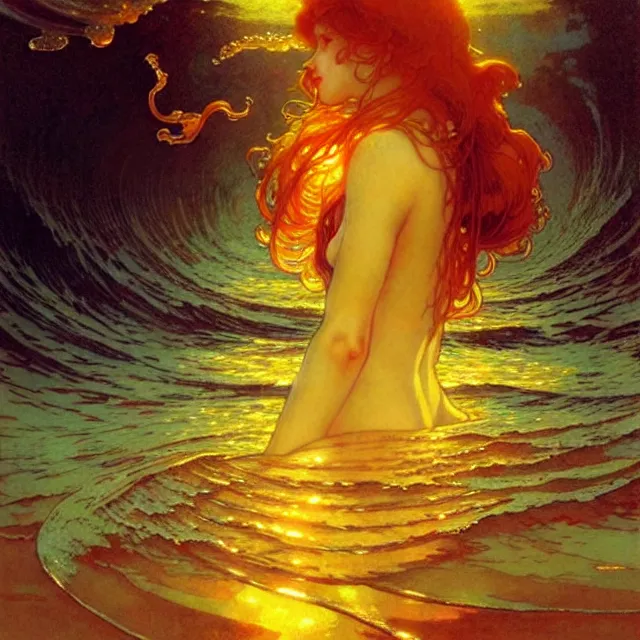 Prompt: ocean waves of glossy liquid honey drops flowing like translucent amber, lsd waves, lsd ripples, backlit, sunset, refracted lighting, art by collier, albert aublet, krenz cushart, artem demura, alphonse mucha