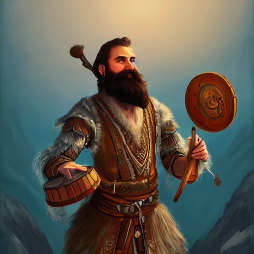 Image similar to Protean (D&D) bearded bard holding a drum, ornately dressed, standing in populated Baldur\'s Gate city square, hyperdetailed, artstation, cgsociety, 8k