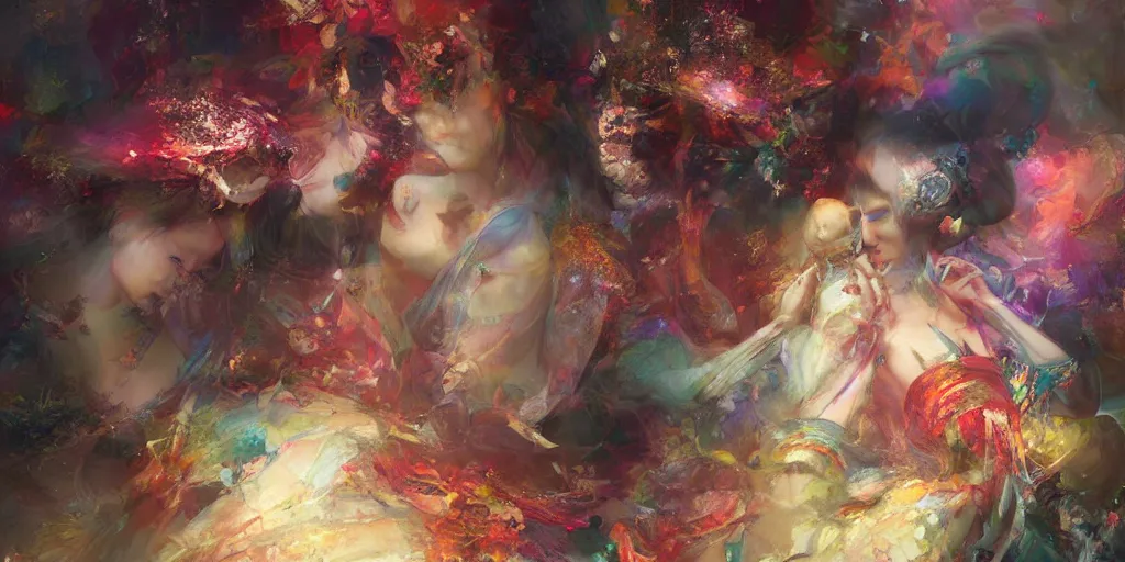 Image similar to Psychedelic vision of the feeling of happiness by Stanley Artgerm Lau, Ruan Jia and Fenghua Zhong