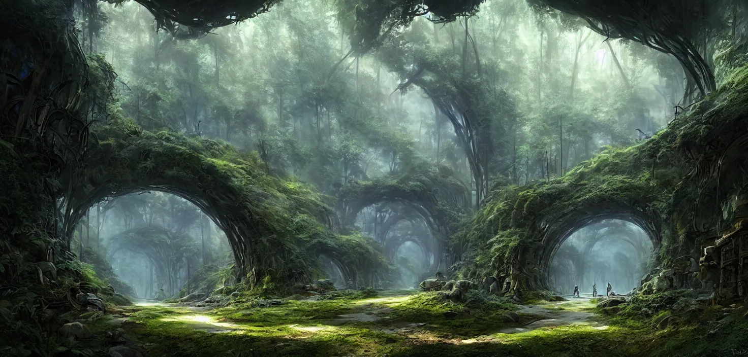 Prompt: tunnel in the middle of a forest, a matte painting by stephan martiniere, featured on cgsociety, fantasy art, matte painting, unreal engine 5, tesseract