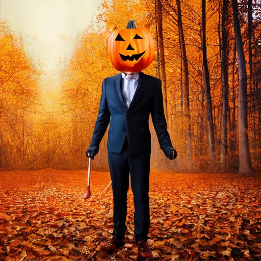 Image similar to man in strict suit with pumpkin mask, Halloween pumpkin, forest background, on plain, bloody knife in right hand, some blood on body, full body, extremely detailed, sharp focus, professional photographer, professional model