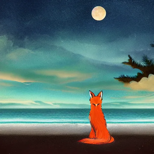 Prompt: a beautiful woman with with fox ears standing in the ocean, digital art, acrylic, long shot, detailed, glows, moonlight, bokeh, depth of field, colorful,