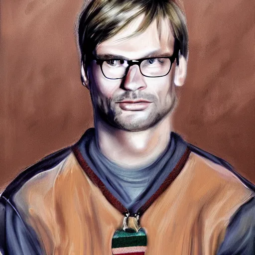 Image similar to jeffrey dahmer using gucci inmate clothes in catwalk court, oil painting, ultradetailed, digital painting, ultradetailed