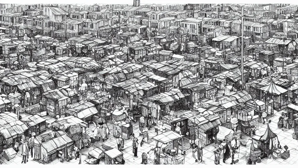 Image similar to a black and white drawing of a busy fish market stretching to the horizon, a storybook illustration by mattias adolfsson, behance contest winner, modern european ink painting, matte drawing, storybook illustration, panoramic, isometric