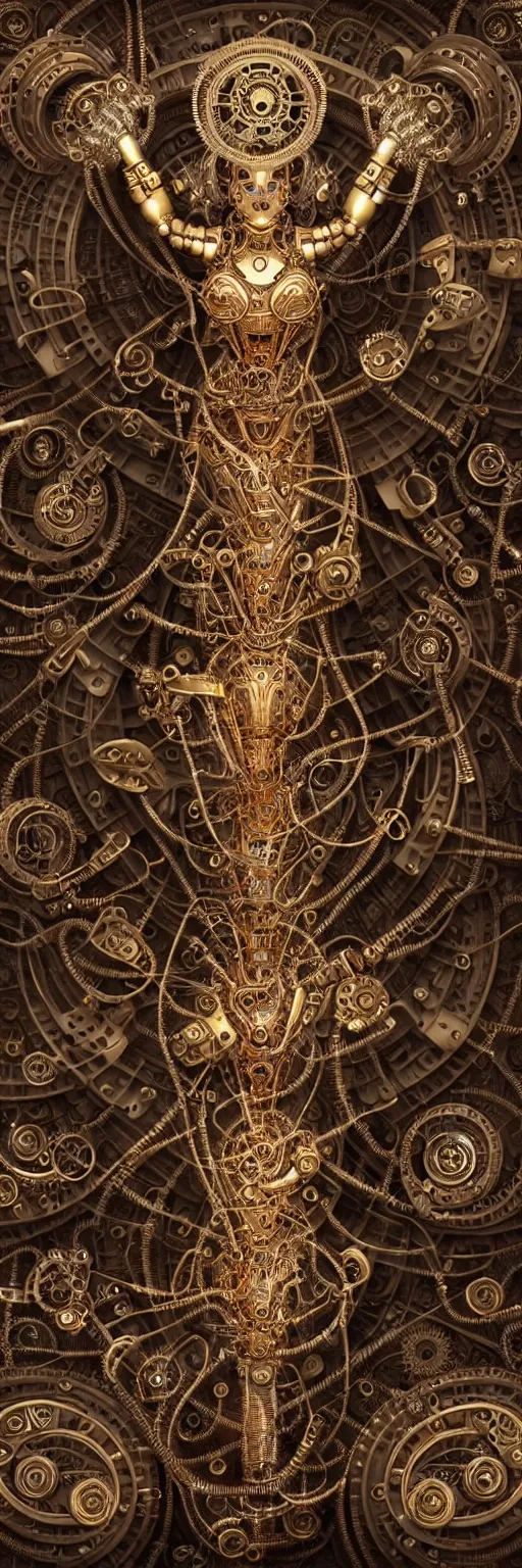 Image similar to seamless pattern of steampunk cybernetic biomechanical lakshmi, 3 d model, very coherent symmetrical artwork, unreal engine realistic render, 8 k, micro detail, gold and steel intricate, elegant, highly detailed, digital painting, artstation, smooth, sharp focus, illustration, artgerm, tomasz alen kopera, wlop