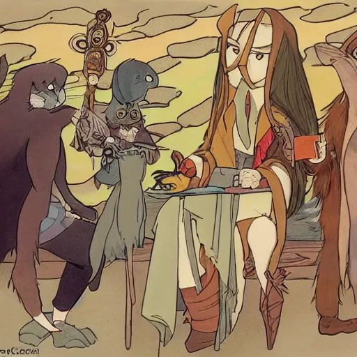 Image similar to anthropomorphic minks dressed as humans playing D&D, cartoon style, studio ghibli, mucha