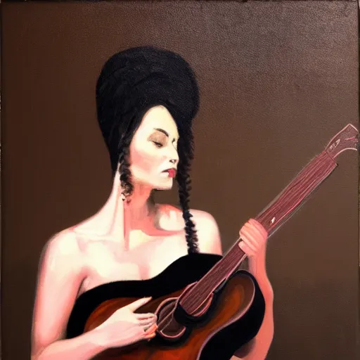 Prompt: an oil painting of a woman, her head is a black acoustic guitar