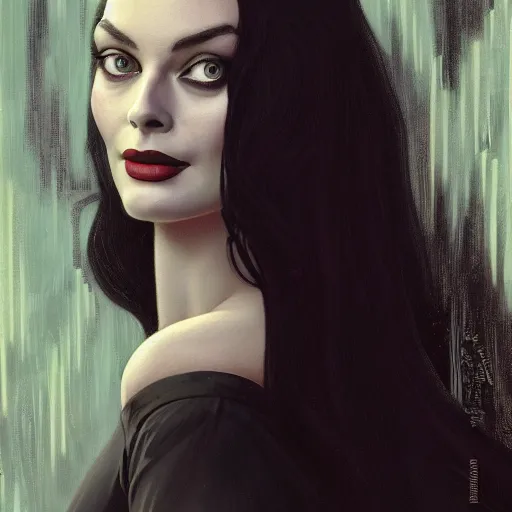 Image similar to margot robbie as morticia addams, masterpiece, intricate, elegant, highly detailed, digital painting, artstation, concept art, smooth, sharp focus, illustration, art by artgerm and greg rutkowski and alphonse mucha and uang guangjian and gil elvgren and sachin teng, symmetry!!