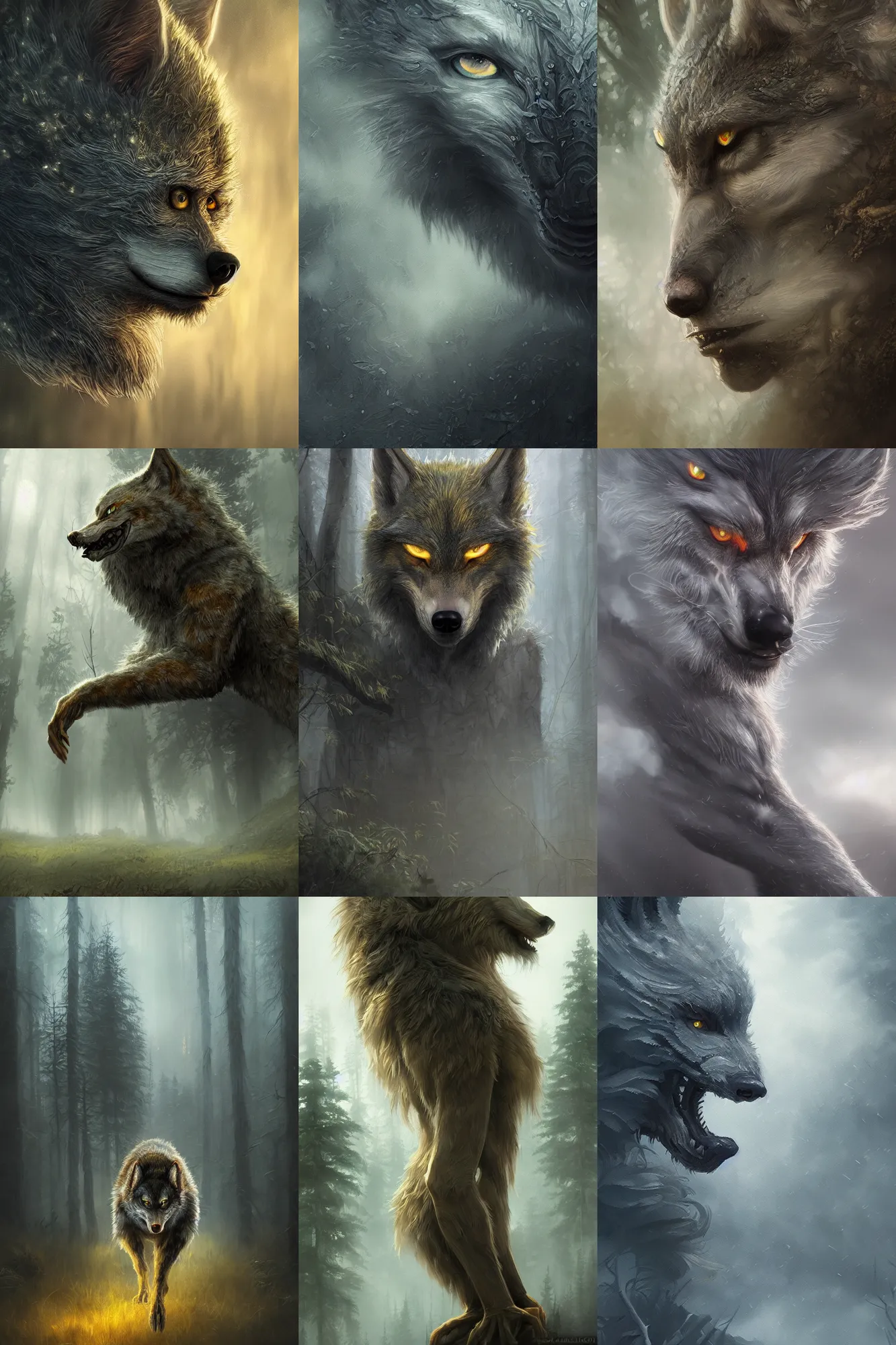 Prompt: ultra realist and ultra intricate detailed soft painting of a werewolf, yellow eyes, sensual gloomy style, volumetric clouds, forest background, artstation, unreal render, depth of field