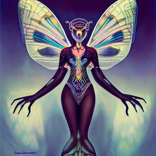 Prompt: photorealistic painting of beautiful art deco faerie queen with glowing eyes, moth wings with geometric patterns, reflective detailed textures, highly detailed dark fantasy science fiction painting, silver and cool colors, extremely detailed, artstation