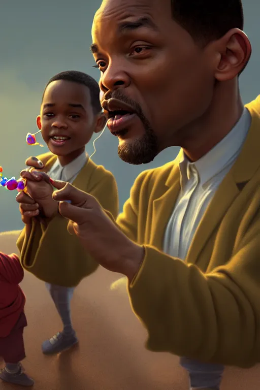 Image similar to Will Smith and Chris Rock As Short Midgets Holding Hands And Blowing Bubbles, illustration, soft lighting, soft details, painting oil on canvas by Edmund Blair Leighton and Charlie Bowater octane render, HDR, trending on artstation, 4k, 8k, HD