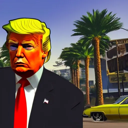 Image similar to Donald Trump in GTA V. Los Santos in the background, palm trees. In the art style of Stephen Bliss