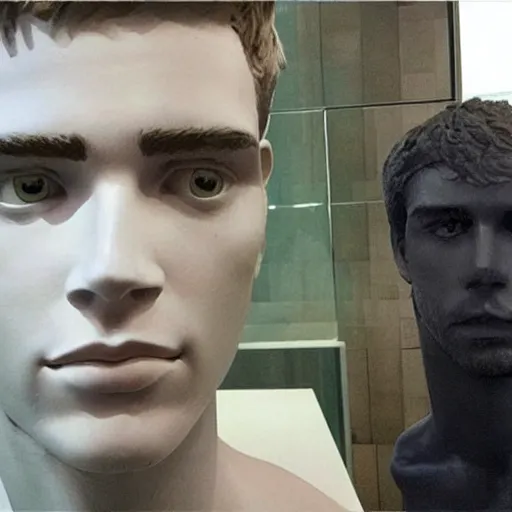 Image similar to “a realistic detailed photo of a guy who is an attractive humanoid who is half robot and half humanoid, who is a male android, actor Liam Hemsworth, shiny skin, posing like a statue, blank stare, at the museum, on display”