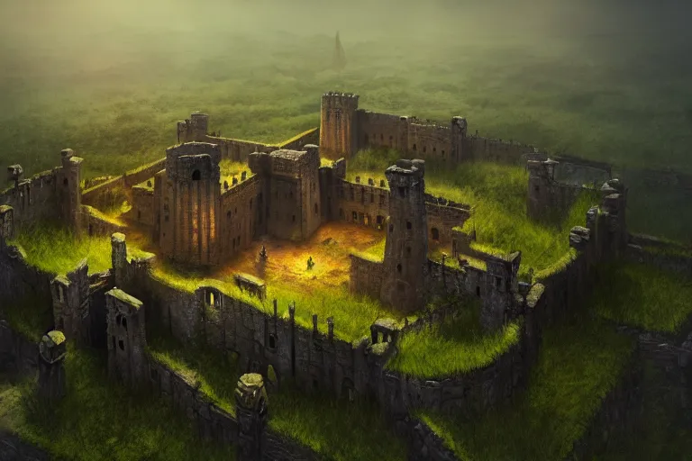 Image similar to giant ancient castle, cinematic, epic, dramatic lighting from above, dark, vines, fantasy, dust, unreal engine, octane, highly detailed, concept art, dark, super realistic