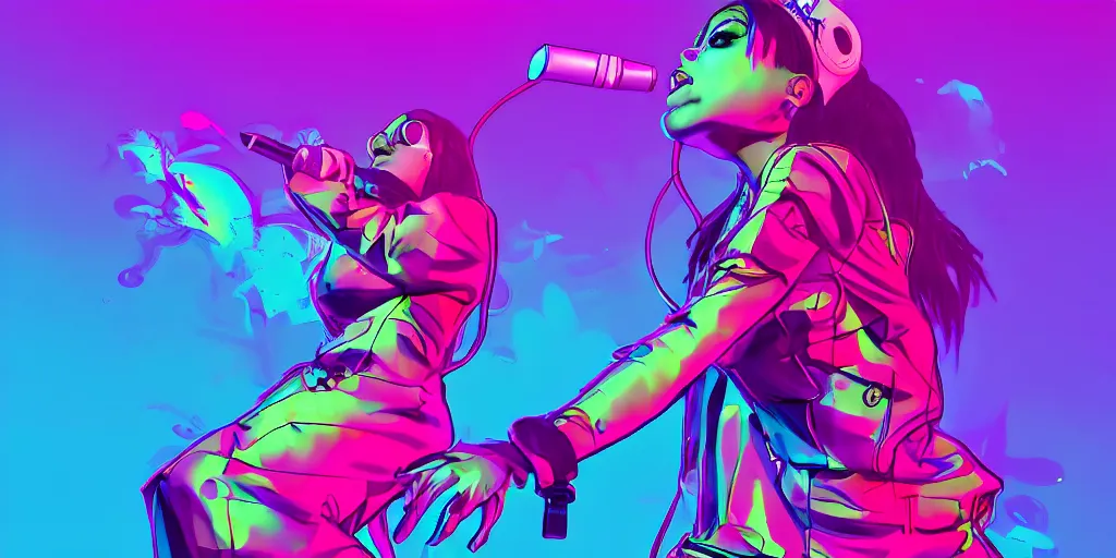 Prompt: lady rapper performs with microphone, epic pose, digital art, vapor wave, hip hop, psychedelic, surreal, trending on Artstation, professional artist, detailed, 4k