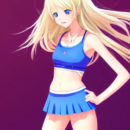 Prompt: a very beautiful young anime tennis girl, long blond hair, full body, ( sky blue eyes ), ( full round face ), short smile, bikini, miniskirt, highly detailed, cinematic wallpaper by stanley artgerm lau